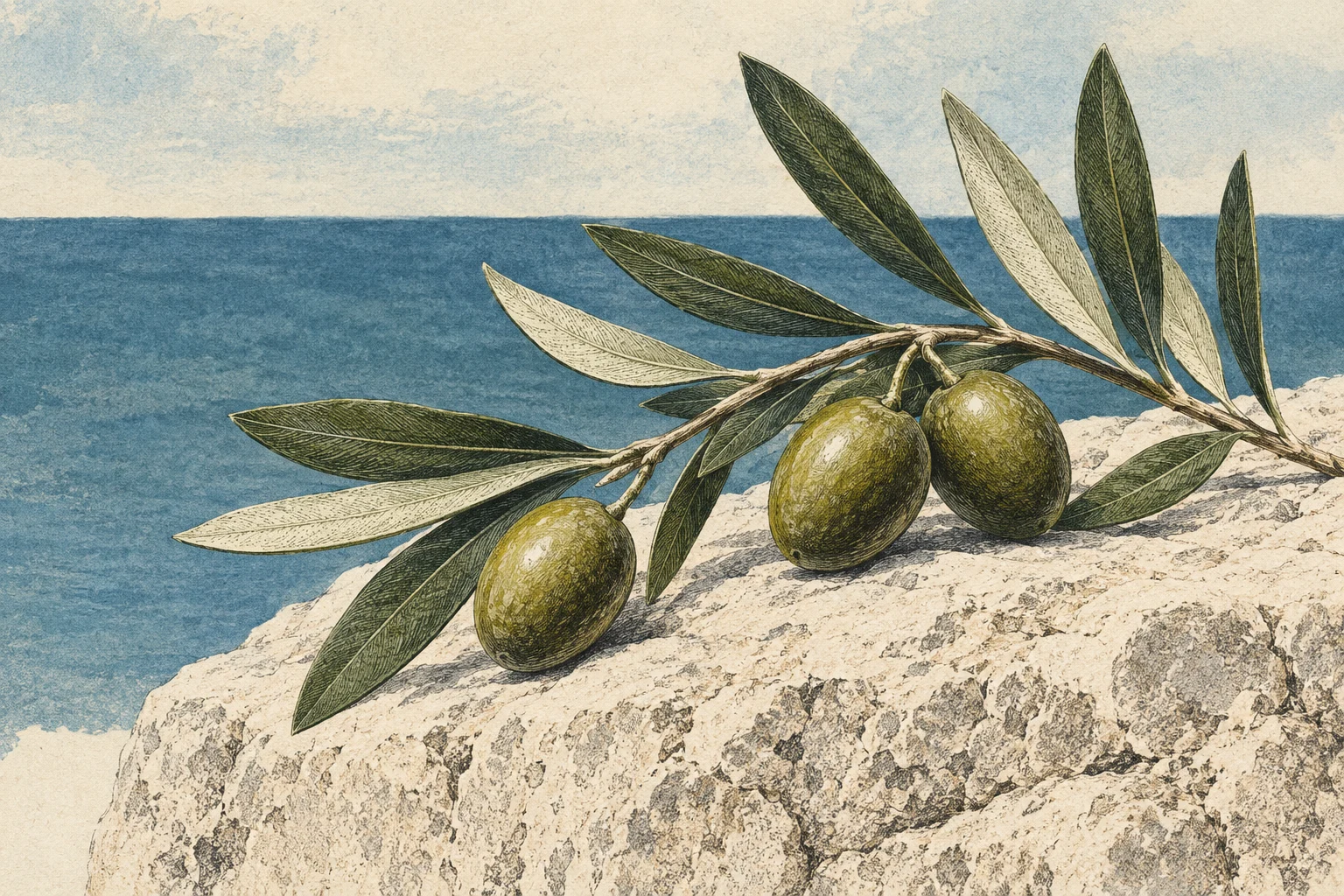 Maslinova grančica i masline na vapnencu.